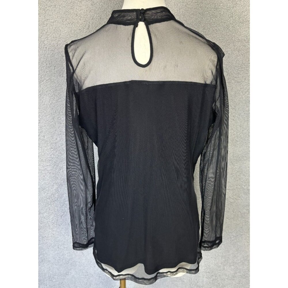 Floral Embroidered Black Mesh Top With Sheer Long Sleeves & Keyhole Back Detail - Picture 5 of 6